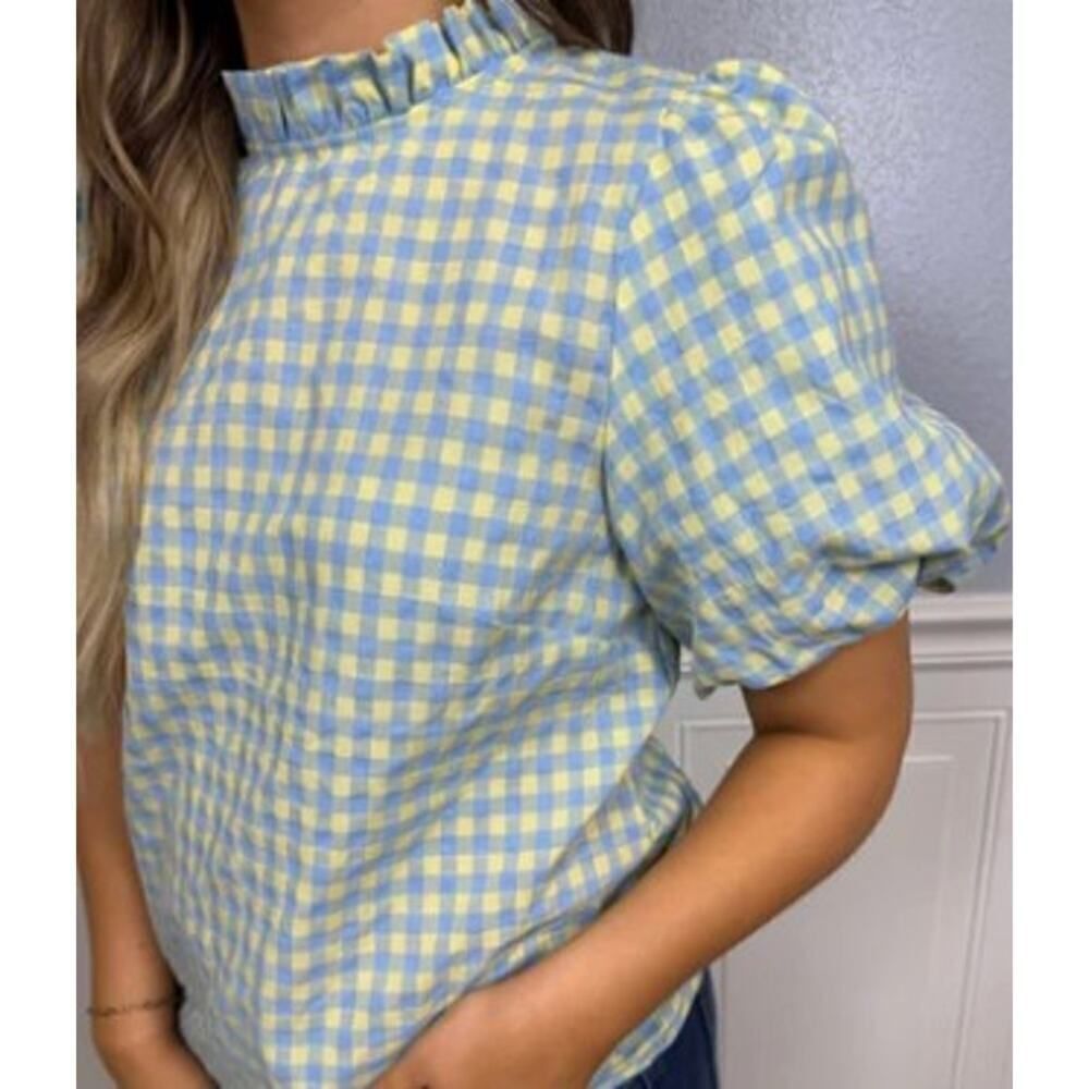 Anniewear Yellow Blue Gingham Puff Sleeve Top Sz. L - Picture 2 of 8